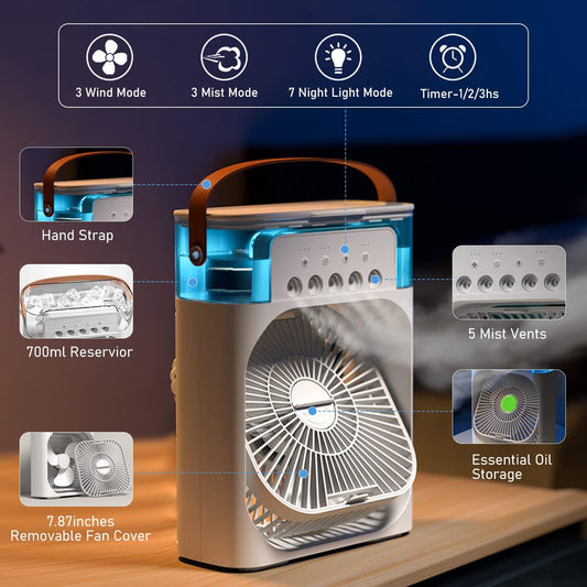 Portable Air Conditioner Fan USB Electric Fan with LED Night Light, Fine Mist Water, and Humidifier Function