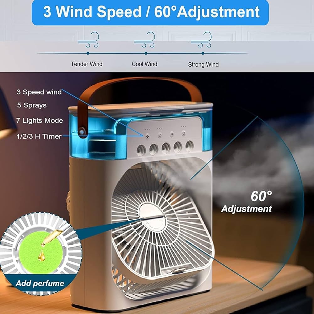 Portable Air Conditioner Fan USB Electric Fan with LED Night Light, Fine Mist Water, and Humidifier Function