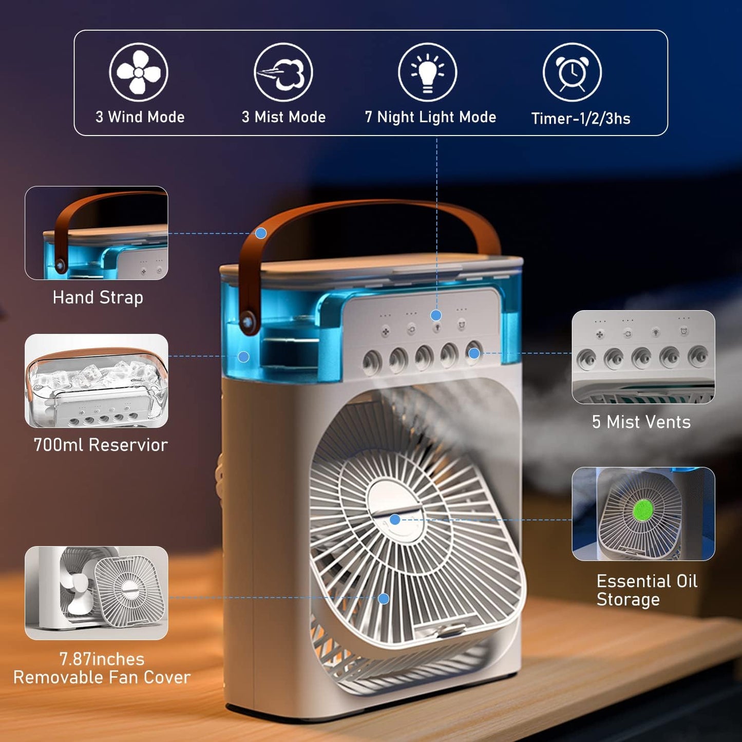 Portable Air Conditioner Fan USB Electric Fan with LED Night Light, Fine Mist Water, and Humidifier Function